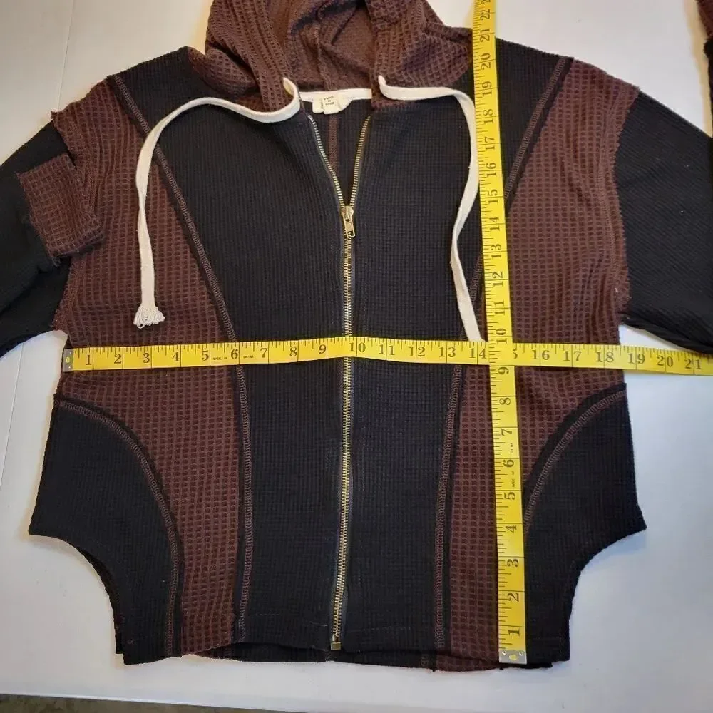 POL Brown and Black Waffle Knit Full Zip Hooded Jacket Sweatshirt Women's Small